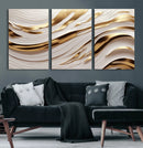 Gold and White Abstract Wave Canvas – Elegant Flowing Design