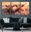 Highland Cows at Sunrise Wall Art Canvas Set – Serene and