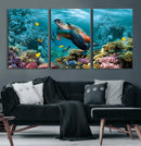 Sea Turtle and Coral Reef Triptych Wall Art – Vibrant