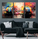 Weightlifting Barbell Art Triptych, Bold Abstract Fitness