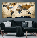 World Map Wall Art – Antique Style Blue and Brown Map Canvas