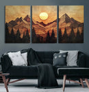 Wood Style Abstract Mountain Sunset Canvas Wall Art Print -