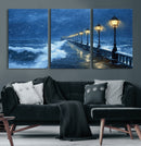 Stormy Ocean Pier Lights Canvas Wall Art Print - Large Moody