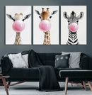 Bubblegum Animals Canvas Wall Art - Playful Giraffe and