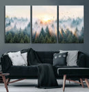 Misty Pine Forest Wall Art Canvas, Sunrise Over Foggy Trees