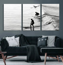 Surfers on Waves Wall Art Canvas Print – Framed Black and