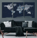 Blue Detailed World Map Wall Art Canvas Print, Modern Framed