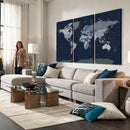 Blue Detailed World Map Wall Art Canvas Print, Modern Framed