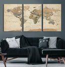 Vintage World Map Canvas Wall Art - Rustic Grunge Texture