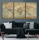 World Map Wall Art Canvas Print, Rustic Map Print, Framed