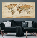 Vintage World Map Canvas Print – Framed Rustic Detailed Map