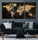Brown World Map Canvas Print – Modern Travel Map Wall Art,