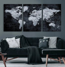 Black World Map Canvas Print – Detailed Map for Couples and