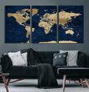 Navy Blue World Map Canvas Print – Detailed Map Minimal Navy