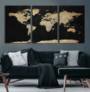 Beige World Map Canvas Wall Art Print, Minimal Black and
