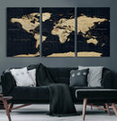 Dark World Map Canvas Wall Art Print, Minimal Black and Gold