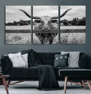 Black White Texas Longhorn Bull Canvas Wall Art, Western Ranch Cattle Photography Print, Rustic Farmhouse Cowboy Decor Artwork by MyGreatCanvas | Canvas Wall Art Prints | Photo Prints & Wall Decor