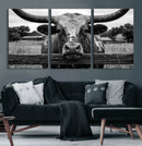 Black White Texas Longhorn Bull Canvas Wall Art, Western Ranch Cattle Photography Print, Rustic Farmhouse Cowboy Decor Artwork by MyGreatCanvas | Canvas Wall Art Prints | Photo Prints & Wall Decor