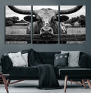 Black White Texas Longhorn Bull Canvas Wall Art, Western Ranch Cattle Photography Print, Rustic Farmhouse Cowboy Decor Artwork