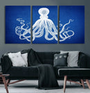Large 3-Panel Blue Octopus Canvas Wall Art | Coastal Marine by MyGreatCanvas | Canvas Wall Art Prints | Photo Prints & Wall Decor