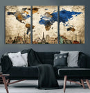 World Map Canvas Print – Vintage Blue and Gold World Map