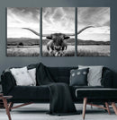 Longhorn Black and White Wall Art – Rustic Western Bull
