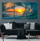 Ocean Wave Sunset Wall Art | Large Coastal Wave Canvas Print
