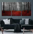 Red Forest Floor Canvas Wall Art – Mystical Foggy Woodland