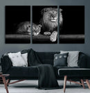 Large Black and White Lion Couple Wall Art Canvas Print –