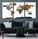 Modern Abstract World Map Canvas Wall Art – Framed Blue and