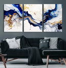 Golden Cascades on Midnight Blue – Deep Blue Abstract Wall