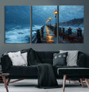 Stormy Night at Beach Pier Oil Painting Large Wall Art