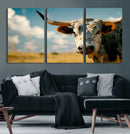 Longhorn in the Prairie - Stunning Ranch-Style Triptych Wall