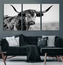 Texas Cow Longhorn Wall Art Canvas Print in Black and White