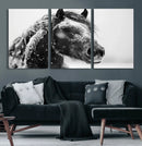 Winter Horse Canvas Print | Large 3-Panel Black White Equine