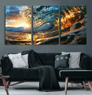 Ocean Wave at Sunset Canvas Wall Art – Vibrant Coastal Beach