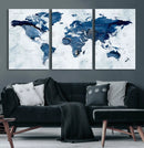 Modern Blue World Map Canvas Print – Framed Wall Art,