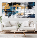 Blue and Gold Abstract Canvas Wall Art – Triptych Modern