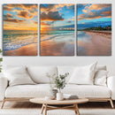 Sunset Ocean Waves on Tropical Beach, 3-Panel Giclee Canvas
