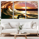 Golden Wave Sunset Triptych Canvas Art, Giclee Canvas Print