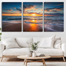 Sunset on the Ocean Beach with Waves, Reflections on Sand,