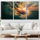 Ocean Wave Sunset Canvas Wall Art – Triptych Seascape Print