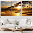 Golden Tropical Beach Sunset Canvas Triptych, Coastal Palm