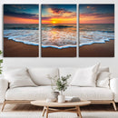Sunset Beach Canvas Wall Art – Colorful Ocean Waves Triptych