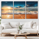 Golden Sunset Beach Triptych Canvas Art, Giclee Coastal Wall