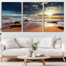 Golden Hour Beach Sunset Canvas Triptych, Ocean Waves and