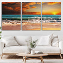 Golden Sunset Beach Canvas Wall Art – Triptych Seascape