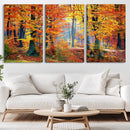Autumn Red Forest Triptych Canvas Wall Art Print, Forest