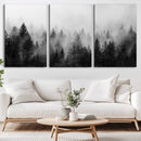 Foggy Black and White Forest Canvas Wall Art, 3 Panel Misty