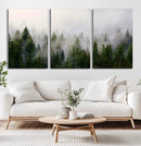Misty Pine Forest Wall Art Canvas Print | 3 Panel Green